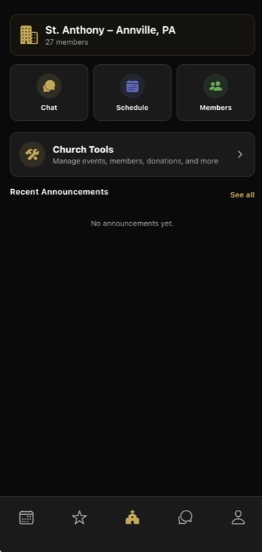 Church hub showing chat, schedule, members, and church tools