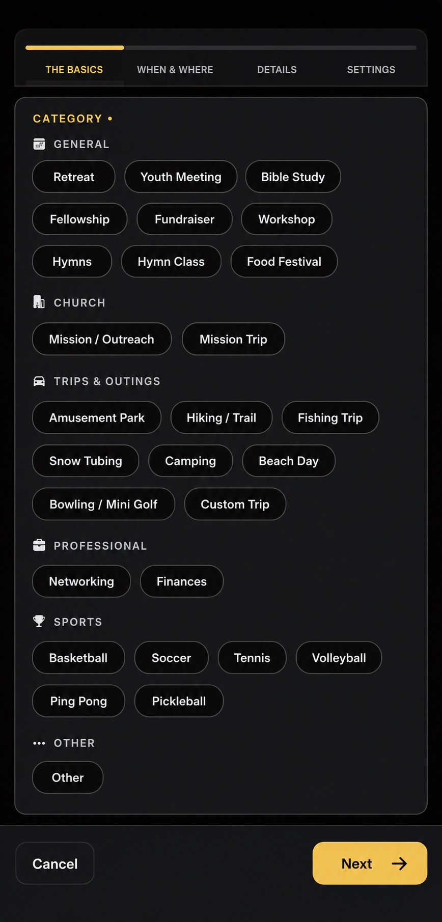 Event creation screen showing categories: retreats, Bible study, Sunday school, sports, and more